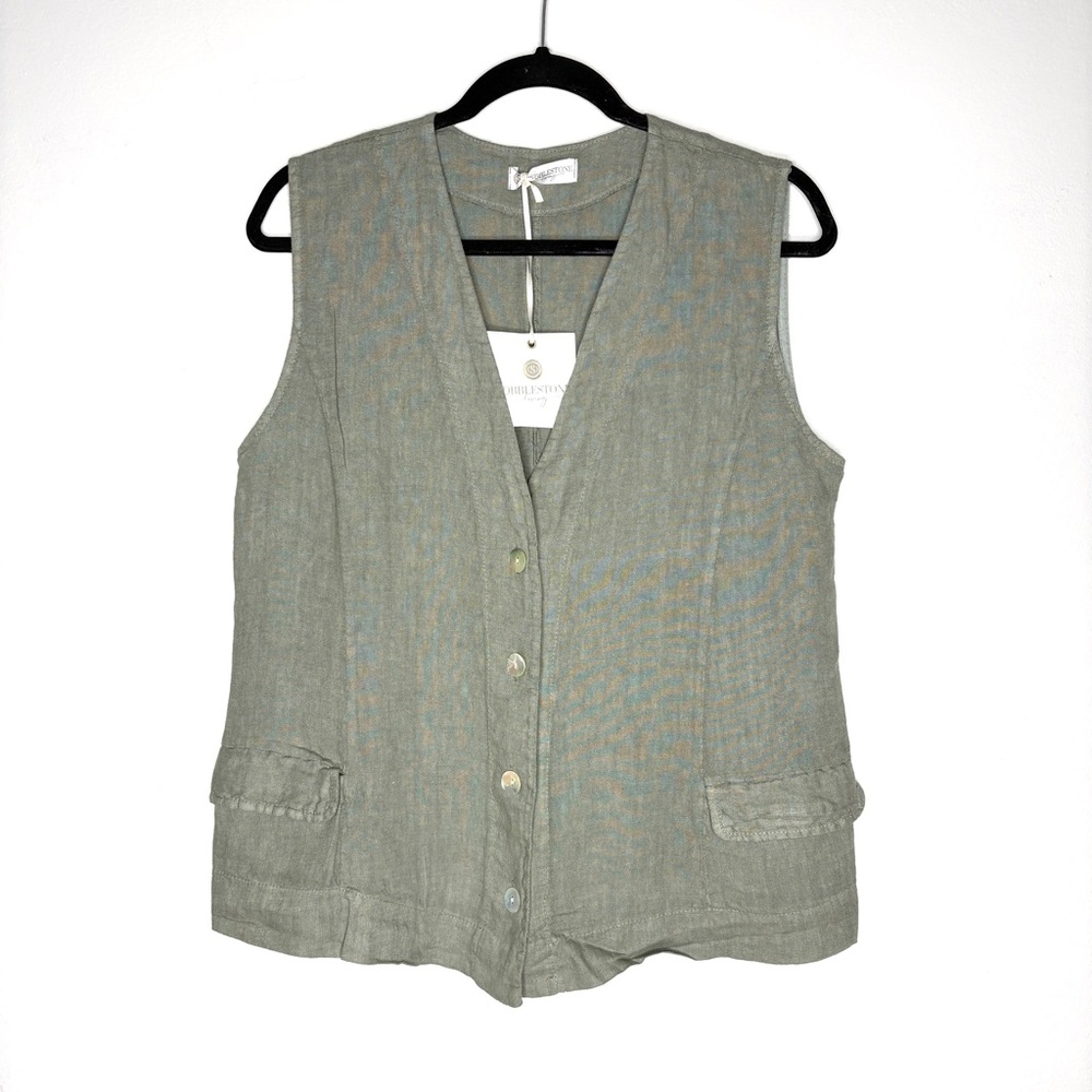 NWT Cobblestone Living Anna Linen Vest One Size Button Down Timeless Olive Green